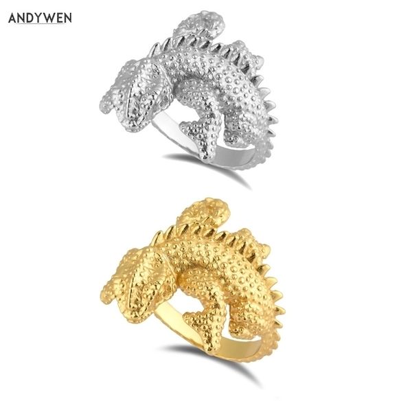 

andywen 925 sterling silver big large lizard thick resizable adjustable rings women rock punk fine jewelry wedding party jewels 220210, Slivery;golden