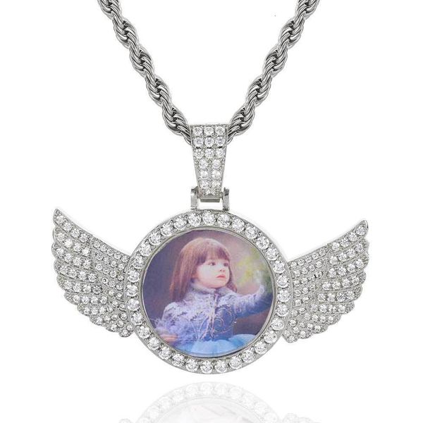 

pendant necklaces hip hop personality small round wing po with zircon diy po frame necklace, Silver