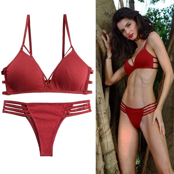 

bra set micro gathered cotton underwear women's no steel ring hollow comfort suit thin shoulder strap, Red;black