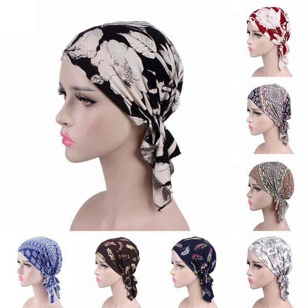 

beanie/skull caps 2021 fashion print woman turban hat soft elastic flowers lady muslim headdress wrap head scarf hijab turbante female, Blue;gray