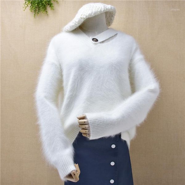 

women's sweaters casual winter female women angora fur knitwear v-neck long sleeves loose mink cashmere pullover blouses sweater spri, White;black