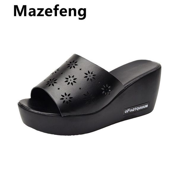 

slippers women shoes summer fashion pu leather leisure platform wedges fish mouth sandal thick bottom vovd, Black