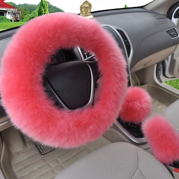 Lenkradbez￼ge 2021 Winterauto-Styling warme lange Wolle Pl￼schabdeckung Wollhandwagen Accessoire Pink Rosa