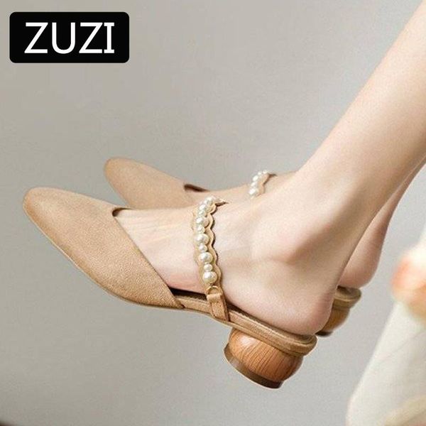 

slippers zuzi 2021 summer pearl sandals and women fashion outer mid-heel thick heel lazy temperament pumps single shoes, Black