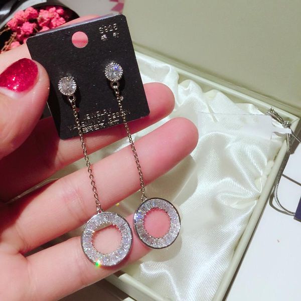 

dangle & chandelier simple circle drop earrings shiny zircon round long earring fashion wedding jewelry korean erring, Silver