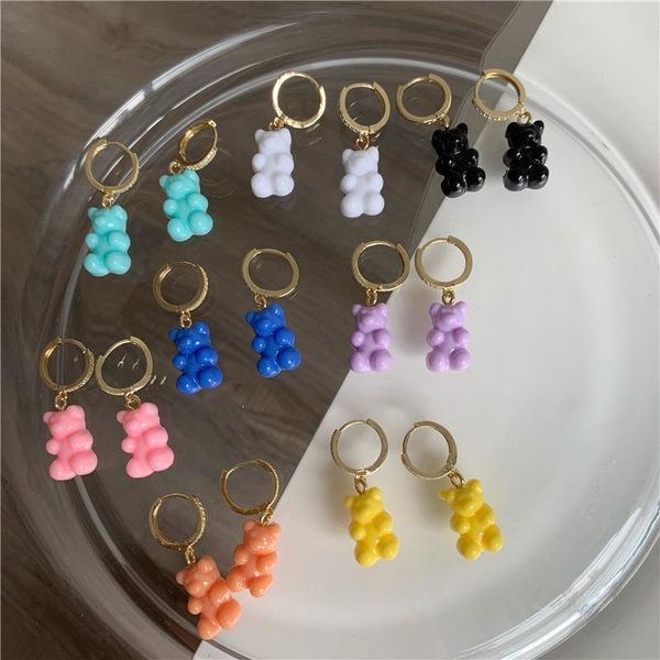 

hoop & huggie 2021 autumn korean simple personality retro geometric candy color resin small bear metal gold earrings for women jewelry, Golden;silver