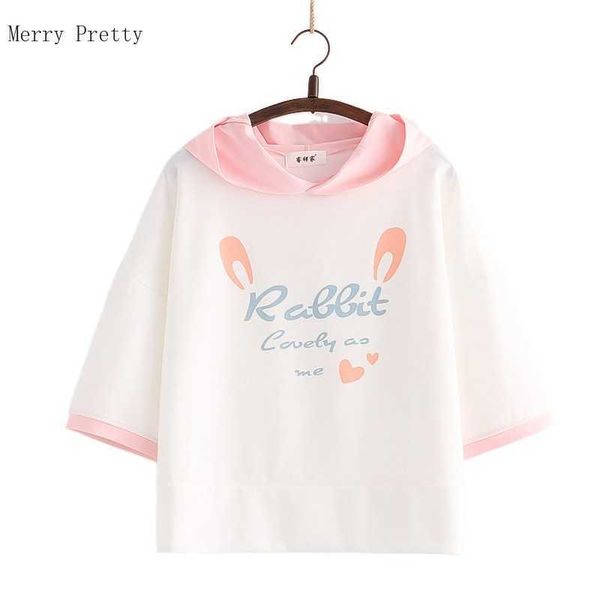 

harakuju print kawaii hoodies with ears on hood women summer half sleeve sweatshirts sweet style korean fashion 210526, Black