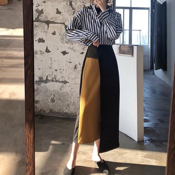 

skirts ol style high waist patchwork irregular hem women skirt chic hit color slim midi a-line female 2021 spring gd535, Black