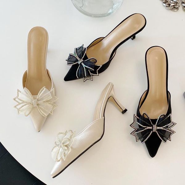 

women slippers fashion pointed toe thin high heels mules sandals shoes for woman bow-knot female slides, Black