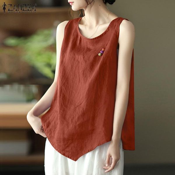 

women's blouses & shirts kaftan summer asymmetrical zanzea casual sleeveless tank female solid tunic oversized basic chemise, White