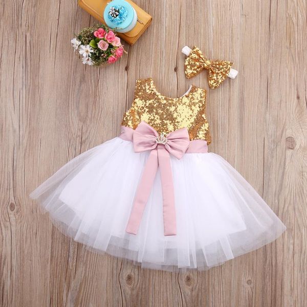 

girl's dresses girls sequined bowknot formal dress princess kid baby pageant party wedding fancy ball gown tutu sundress headband 0-10y, Red;yellow