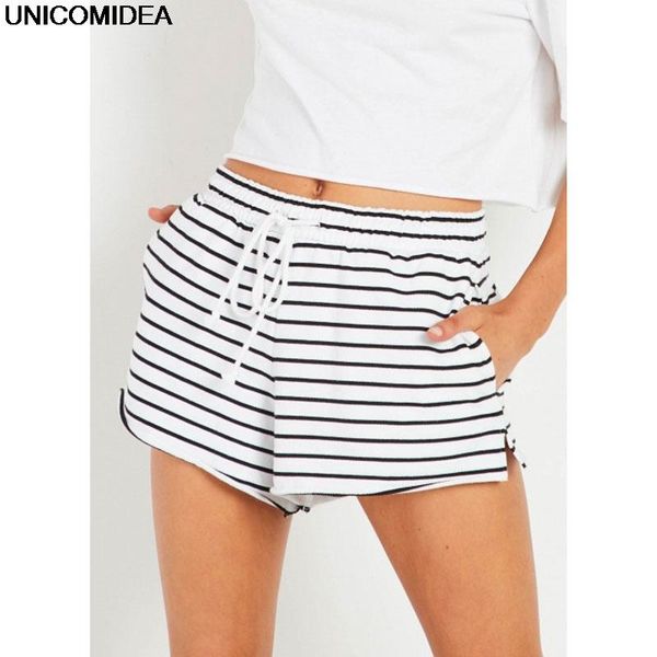

shorts women summer stripe with pockets casual mid waist elastic workout fitness loose women's, White;black
