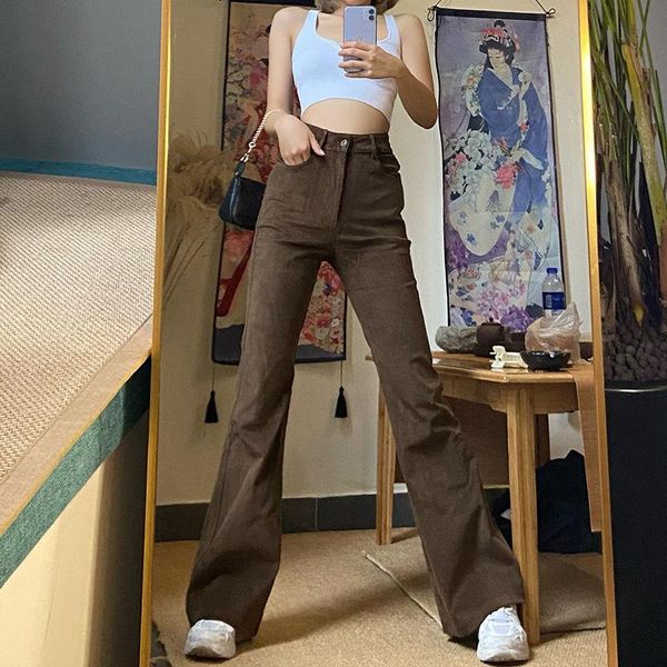 

women's jeans high waist slimming skinny women 's retro loose wide-legged pants 2021 spring large size brown flared, Blue