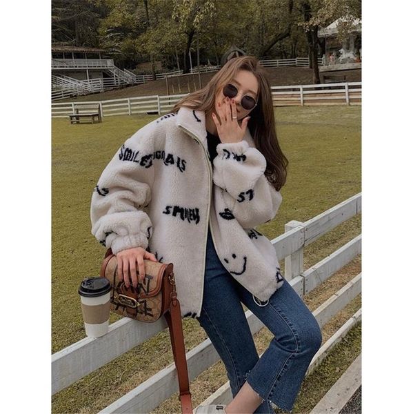 

women's fur & faux coat women, loose large size ladies coat, smile lamb wool winter hooded, Black