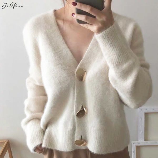 Mulheres Moda Dourado Botão Brilhante Cardigan Camisola Outono Inverno Elegante Branco Manga Longa Single Breasted V-Pescoço Cardigan Tops 210415