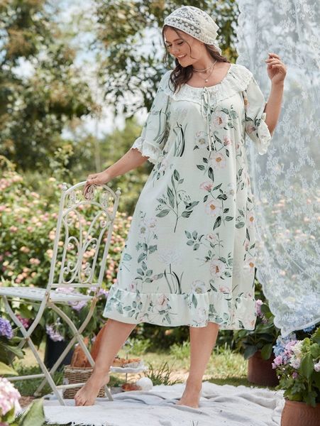 

plus floral print ruffle hem nightdress r9be#, Black;white