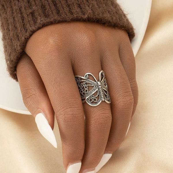 

wedding rings aomu 1pc trendy chic creative hollow butterfly silver color retro metal ring women fashion finger jewelry accessories, Slivery;golden