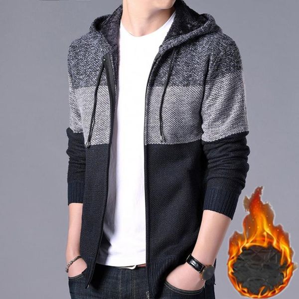 

men's jackets autumn and winter hooded color matching thick sweater long-sleeved zipper slim jacket plush warm, Black;brown