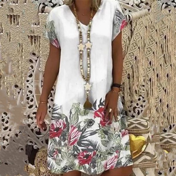 

casual dresses women summer fashion v neck floral print loose short sleeve plus size white ladies, Black;gray