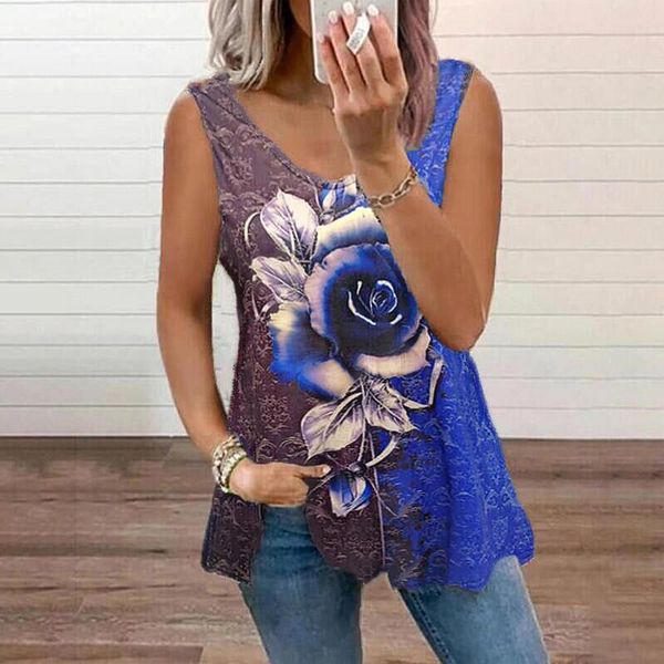 

women's t-shirt 3xl 4xl 5xl women rose floral print casual v-neck sleeveless tees 2021 summer beach loose plus size female shirt, White