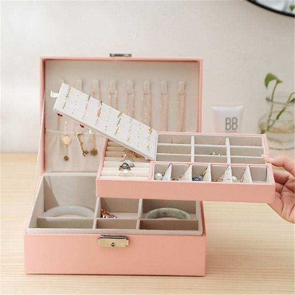 

2021 new high capacity leather jewelry box travel jewelry organizer multifunction necklace earring ring storage box women gifts, Black;white