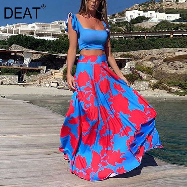

[deat] summer fashion square collar sleeveless sling tank printing floor-length skirts women two-piece suit 210527, White