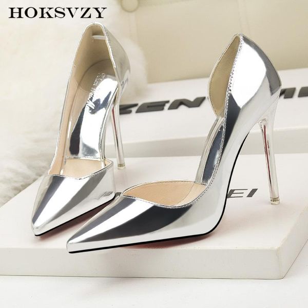 

fashion pointed shoes stiletto hollow women's metal surface shallow mouth ol simple banquet high heels zwm sandals, Black