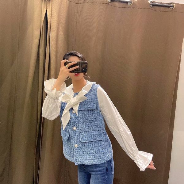 

women's vests 2021 spring and summer women's bow sewing shirt sarja fake chess from two loose pieces denim coat, Black;white
