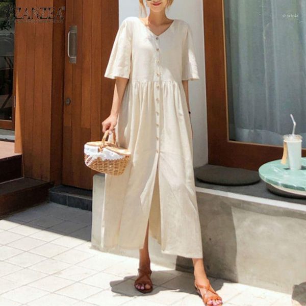 

summer dress zanzea v-neck solid dresses women casual button robe elegant cotton half sleeve bohemian vestidos, Black;gray