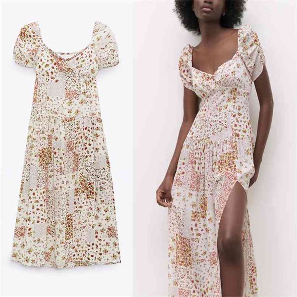 

patchwork print pink summer dress women short puff sleeve side slit pleated midi es back zip vintage party 210524, Black;gray