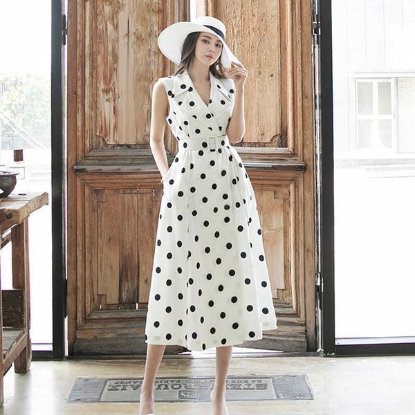 Koreli kadın giyim yaz Sundresses zarif polka dot elbise moda tatil kolsuz femme robe 210529