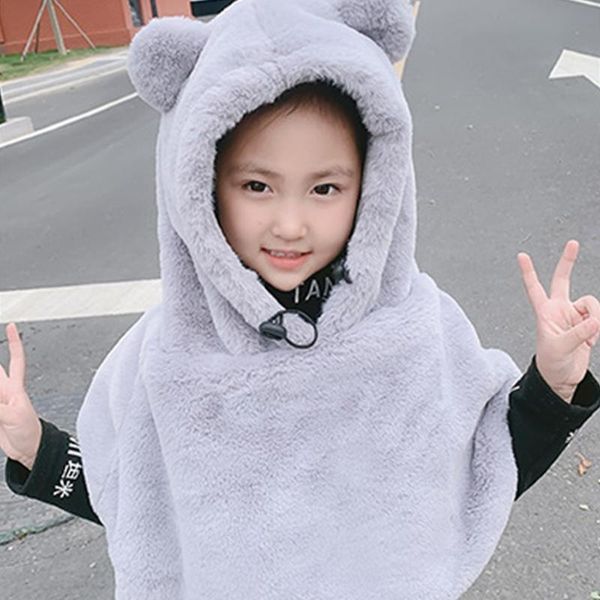 

berets kawaii cartoon cute bear ear hat children's warm winter plush headgear windproof cold-proof face mask neck scarf bonnet beanie, Blue;gray