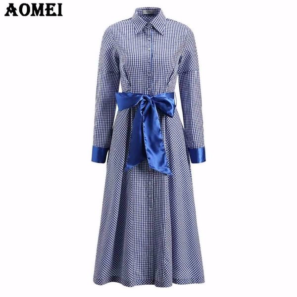 Blau kariertes Langarm-Shirt-Kleid Büro Damen Eleganter Winter-Gingham-Retro-Falten mit Schärpen Midi-Kleider Femme Roben Tuniken 210416