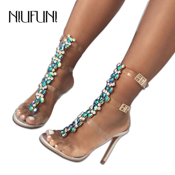 

women sandals rhinestones chains shoes diamond high heels feminino clear transparent open toe buckle, Black