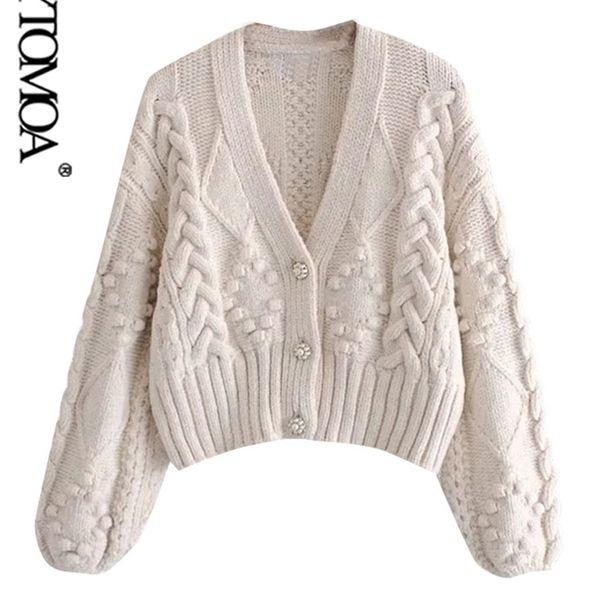 

kpytomoa women fashion pompom appliques cropped knitted cardigan sweater vintage long sleeve female outerwear chic 211215, White;black