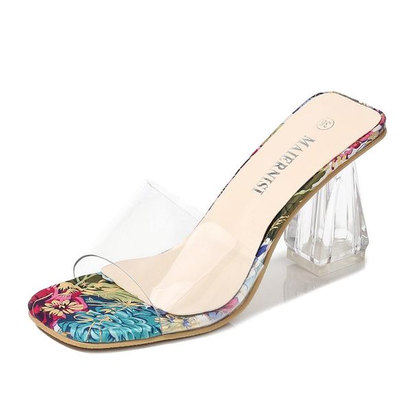 

slippers transparent square high-heeled woman summer pvc graffiti open toe sandals plus size 36-46, Black