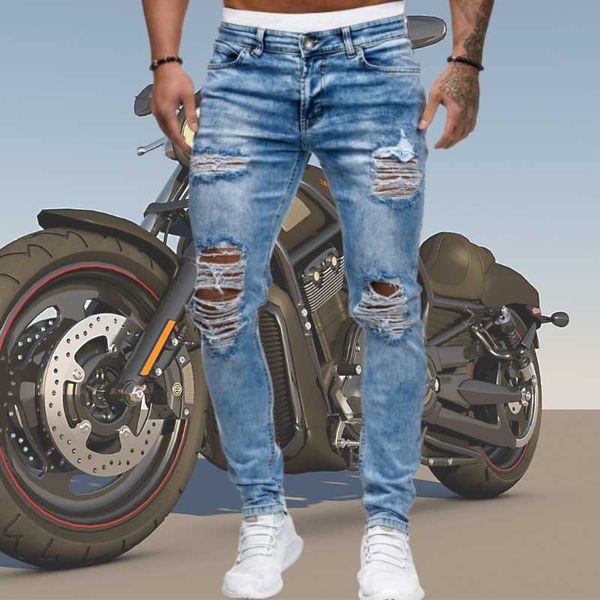 

men ripped skinny biker jeans sky blue classic pencil pants street locomotive denim trousers dating business cowboy men's