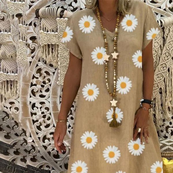 

h40 sunflower print cotton amd women dress linen mini vintage summer casual loose v neck floral short, Black;gray