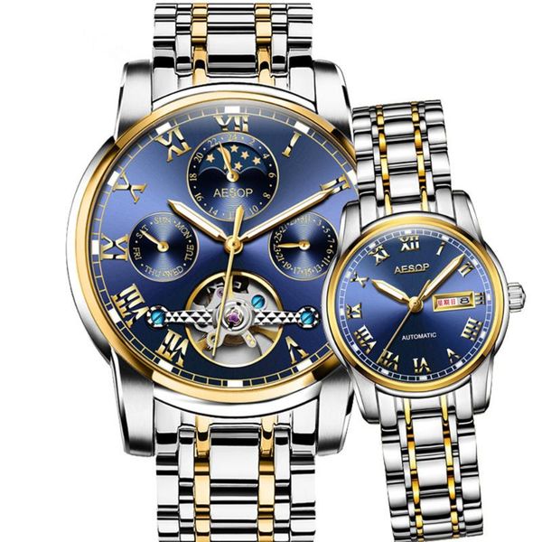 

wristwatches couple watches aesop automatic mechanical watch stainless steel waterproof clock relogio masculino gift, Slivery;brown