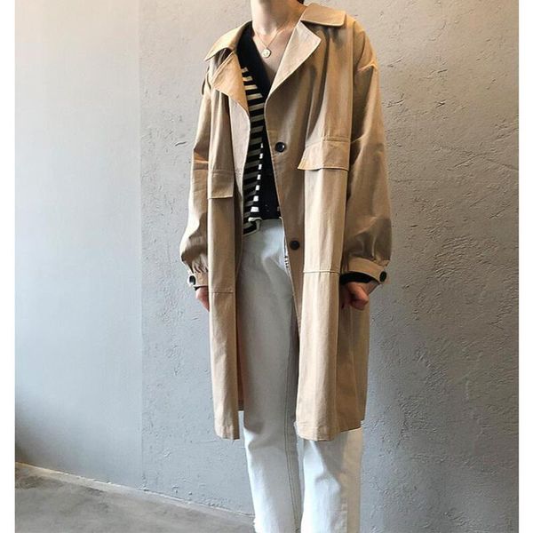 

women's trench coats 2021 autumn winter cargo windbreaker casual vintage pockets outerwear oversize long cl457, Tan;black