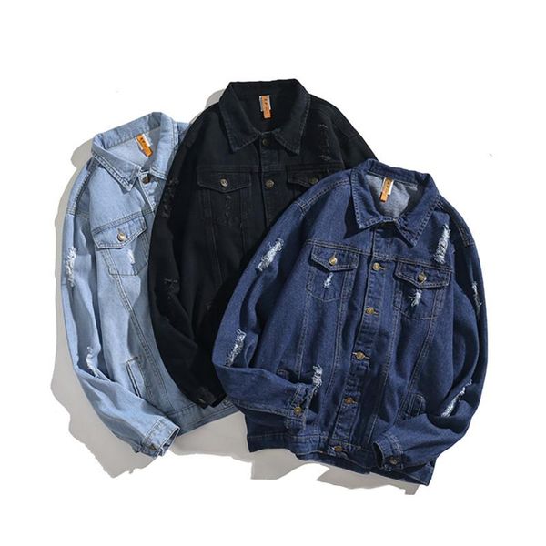 

men's jackets 2021 spring fashion frayed hole vintage tooling jacket loose denim male, Black;brown