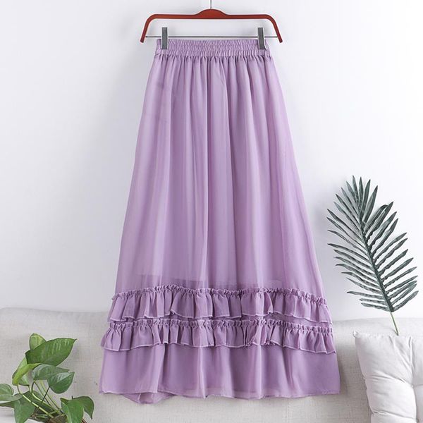 

skirts 2021 summer chiffon sweet ruffles layers lady long skirt high waist a-line solid white jupe mori girl plus size hodliday, Black