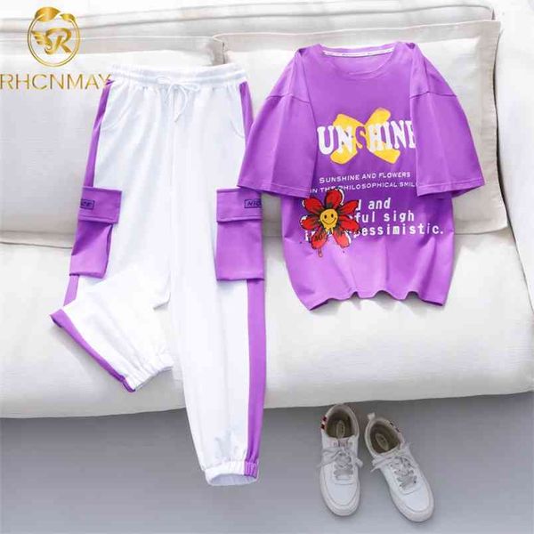 Duas peças conjunto mulheres moda esporte casual terno flor carta impressão top + impressão cintura elástica calças compridas verão tracksuit feminino 210506