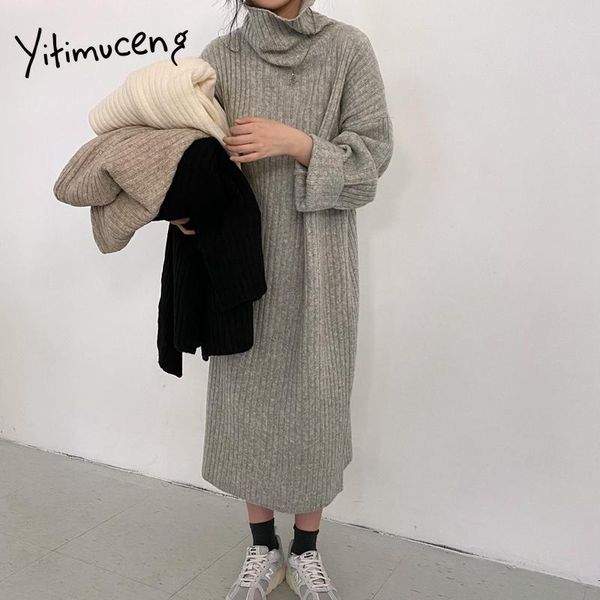 

casual dresses yitimuceng turtleneck midi women autumn winter 2021 ribbed knitted long sleeve a line korean sweater dress pullovers, Black;gray