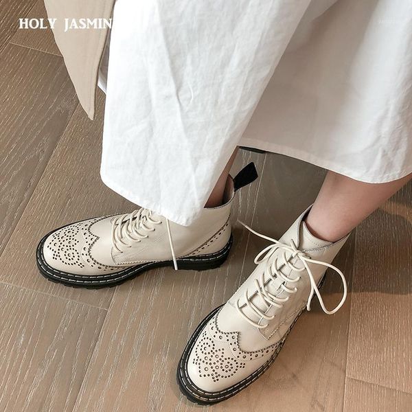 

boots genuine leather women hollow out flowers brogues platform street motorcycle riding botas mujer for1, Black