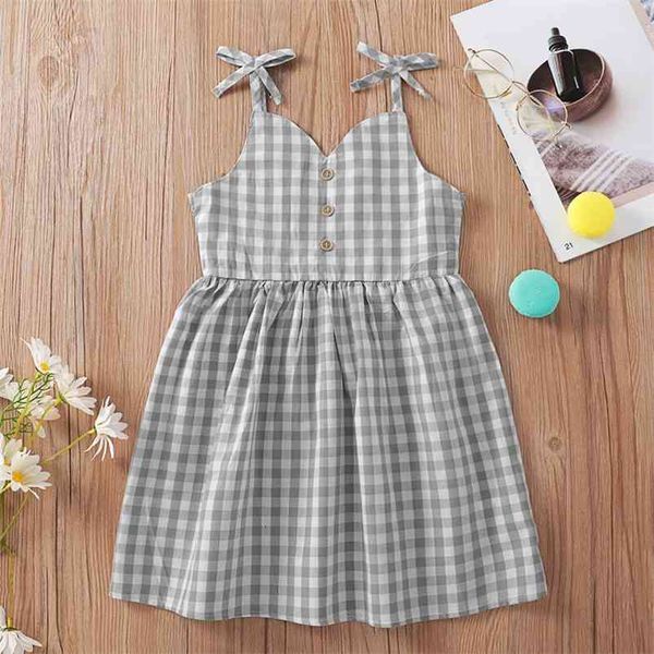 

summer girls dress strap button gray plaid cute vestidos 9m-6t 210629, Red;yellow