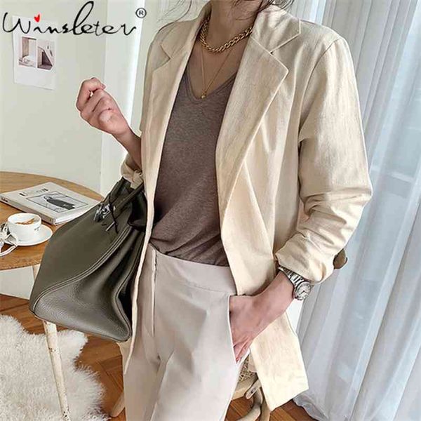 

casual loose cotton linen blazer single button jacket coats women lapel long sleeve korean office lady chic c07802b 210421, White;black