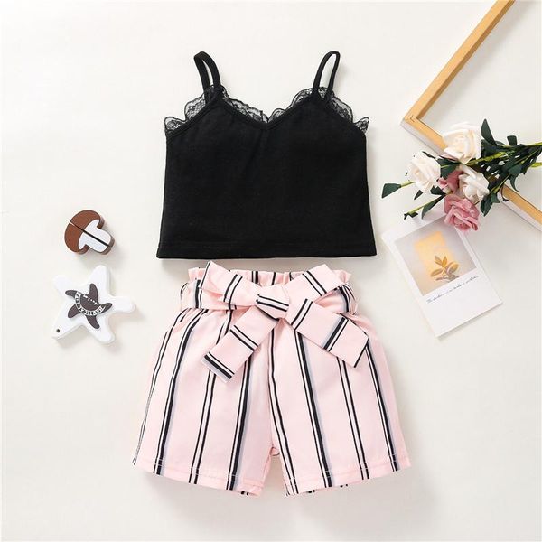 

clothing sets 2pcs baby girls cotton clothes set,children solid color sleeveless cropped with lace+striped short pants,6month-3year, White