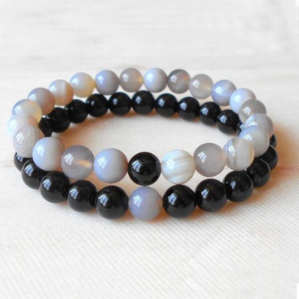 

charm bracelets 2pcs/set couples distance bracelet natural stone beaded wrist men women black onyx for his and her, Golden;silver