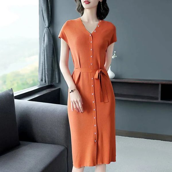 

casual dresses fashion lace-up high waist single-breasted knit korean style knee-length short sleeve elegant summer women's h59c, Black;gray